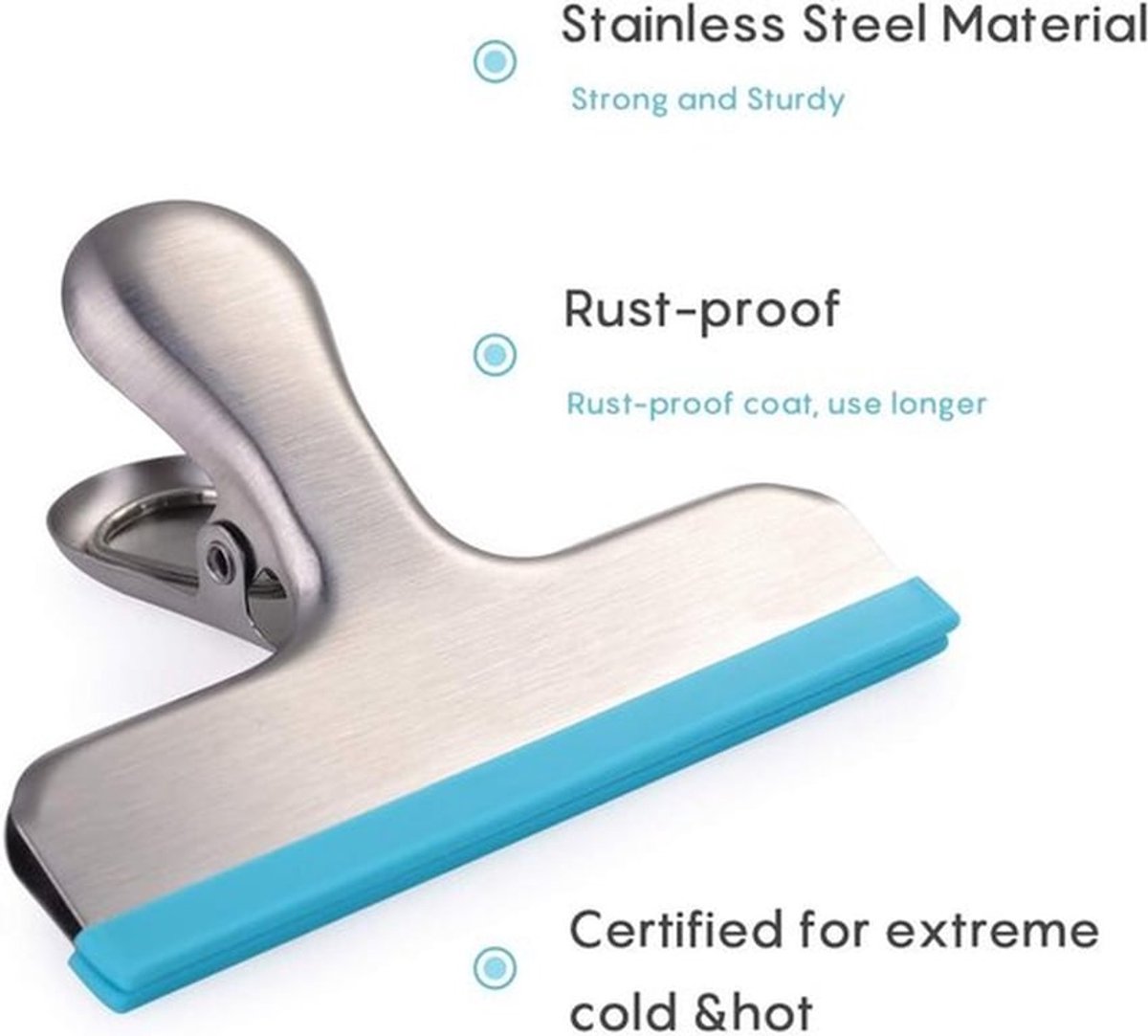 Verpakking van 12 - 3" roestvrijstalen siliconen sluitclips - Siliconen gecoat, geen scherpe randen - Luchtdichte afsluiting - Antislipstrips - Geschikt voor keukens/kantoren - Werkt ook als ticketclip - Rood, blauw en geel