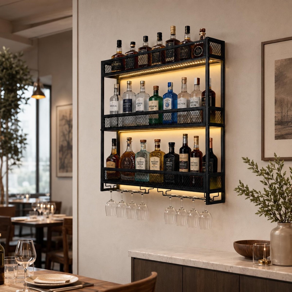 Wand wijnrek met ledverlichting - 3 niveaus - Metalen flessenrek voor keuken en woonkamer