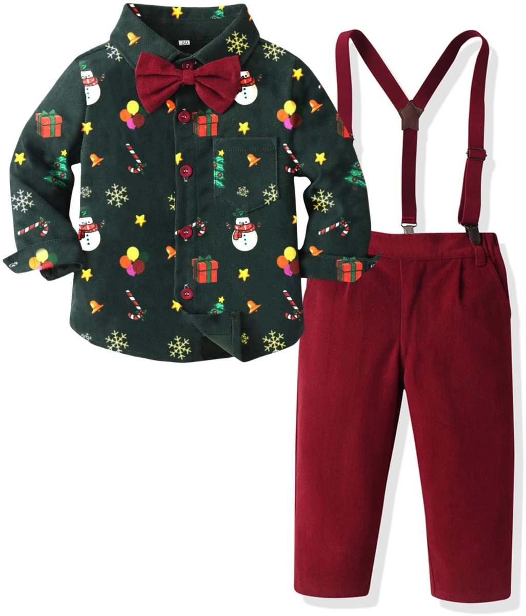Kerstoutfit voor Jongens - Groene Shirt met Rode Broek en Strik