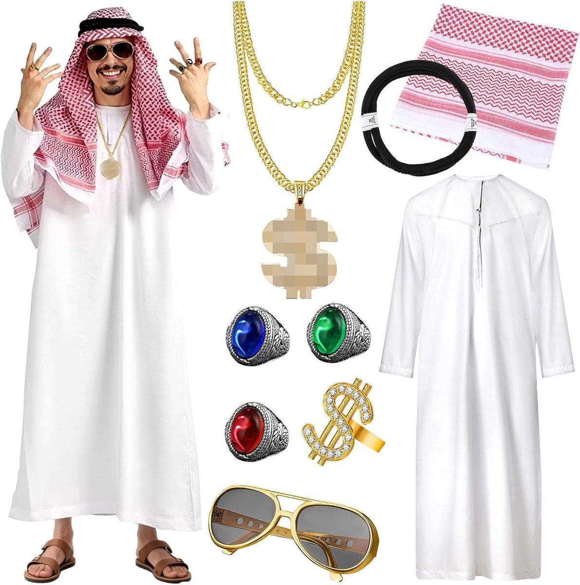 Arabisch Kostuum voor Mannen - Witte Robe met Hoofddoek, Sieraden en Zonnebril voor Carnaval en Cosplay Feesten