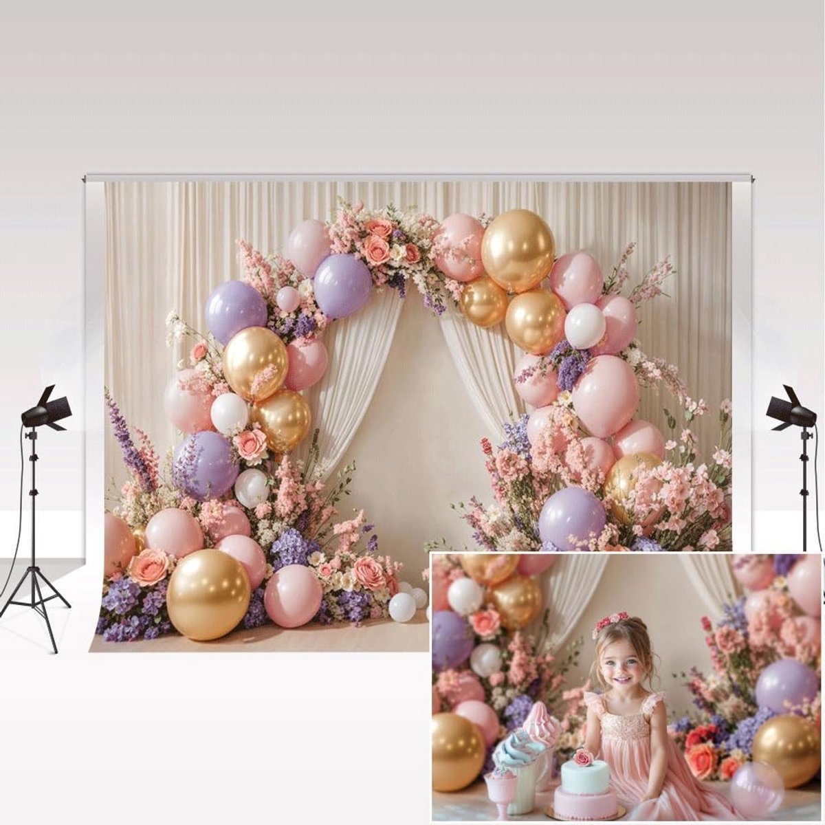 Fotografie Achtergrond 3x3m - Kleurrijke Ballonnen en Bloemen Voor Verjaardagen