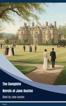 Boekomslag: Jane Austen-illustratie met landhuis en mensen in historische kleding. Tekst: The Complete Novels of Jane Austen.