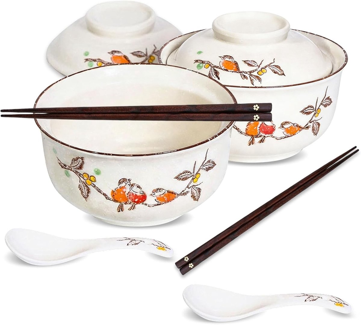 Set van 2 keramische ramenkommen met deksel, eetstokjes en lepel - Perfect voor salade, granola en soep - 800ml capaciteit