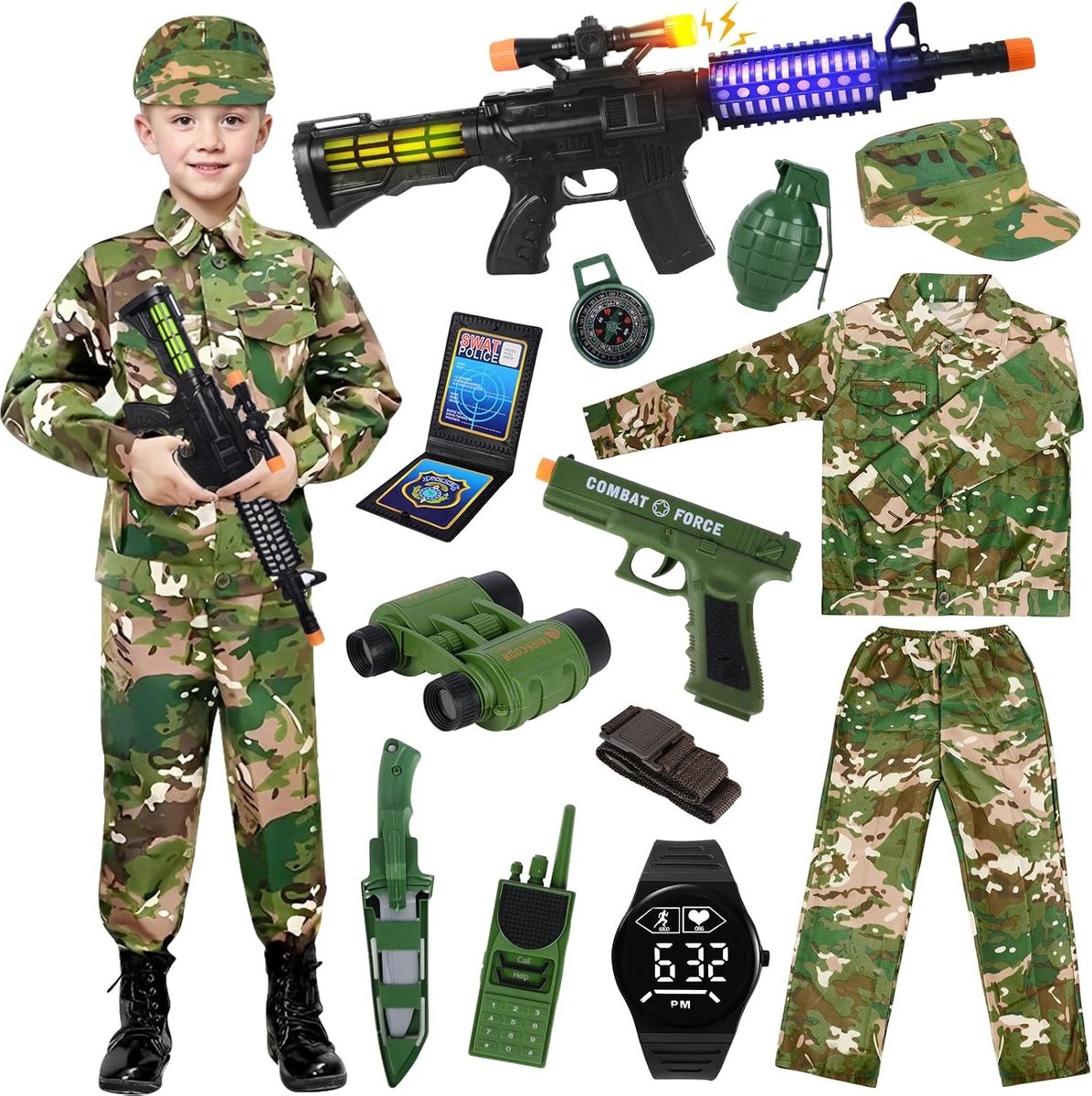 Militaire Kostuum voor Kinderen - Camouflage Outfit met Shirt, Broek en Hoed voor Jongens en Meisjes - Perfect voor Verkleedpartijen en Rollenspellen