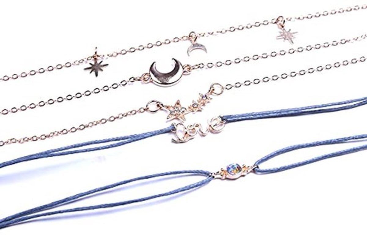 Boho Gelaagde Ster en Maan Armbanden Gouden Kralen Armband Sets Rhinestone Hand Kettingen Liefde Hand Sieraden voor Vrouwen en Meisjes (6PCS)