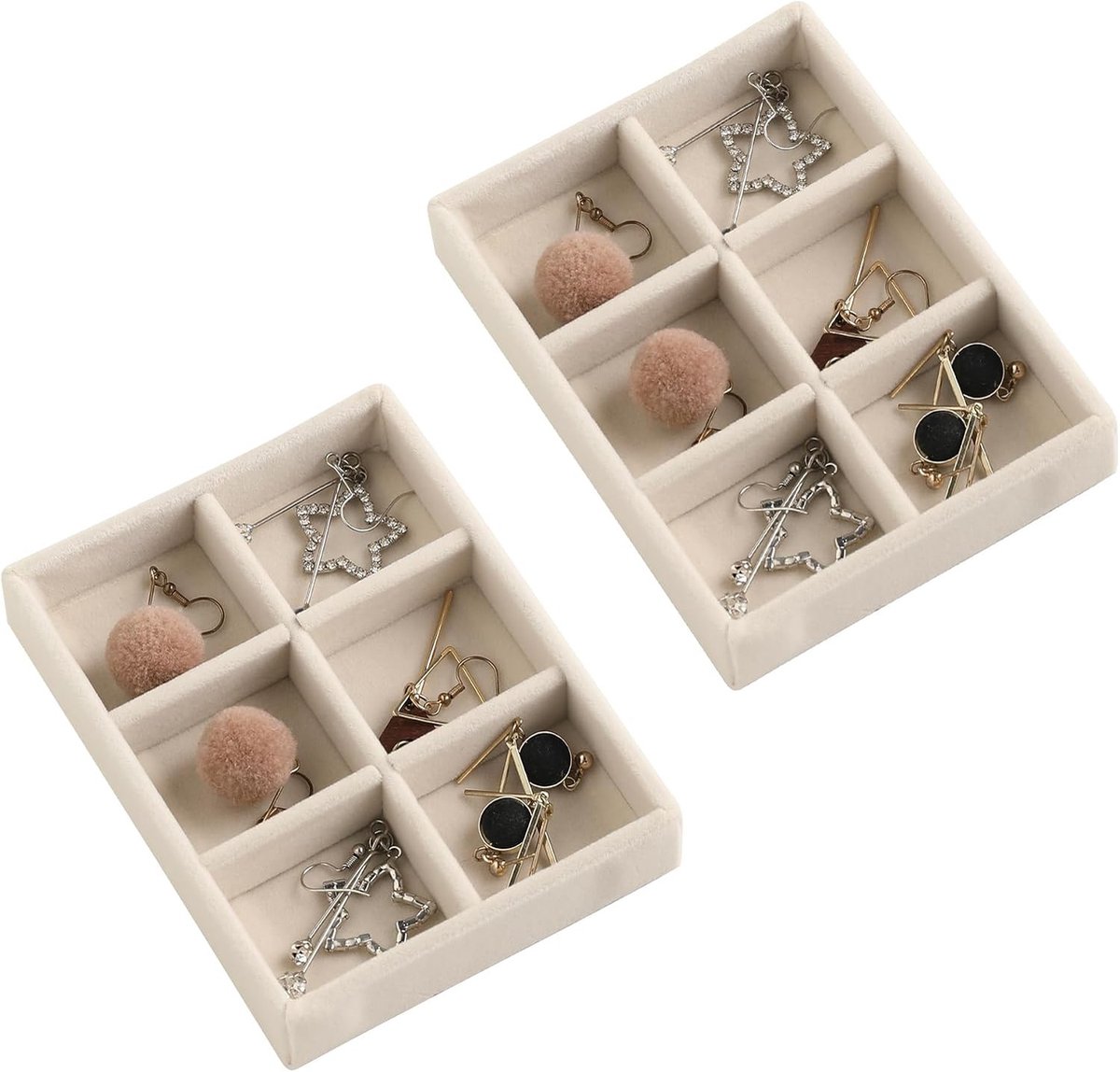 Set van 2 Stapelbare Velvet Sieraden Organizers met 6 Compartimenten voor Oorbellen en Mini Lades