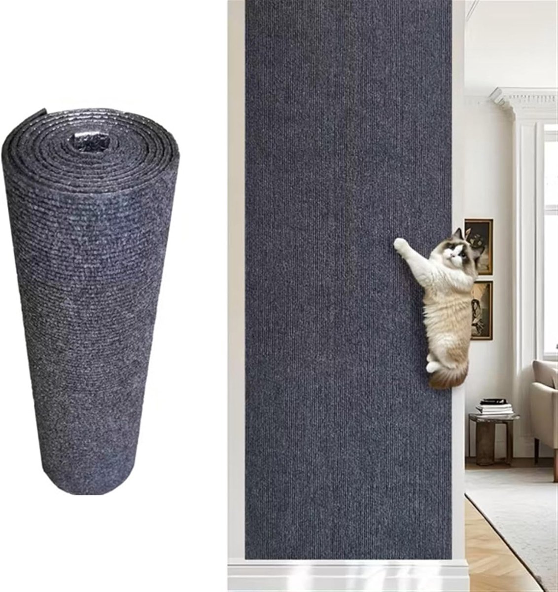 Zelfklevende krabmat voor katten — Kattenkrabmat - Meubelbescherming voor banken en muren — Doe-het-zelf krabmat — Viltmateriaal — Donkergrijs — 200 x 40 cm