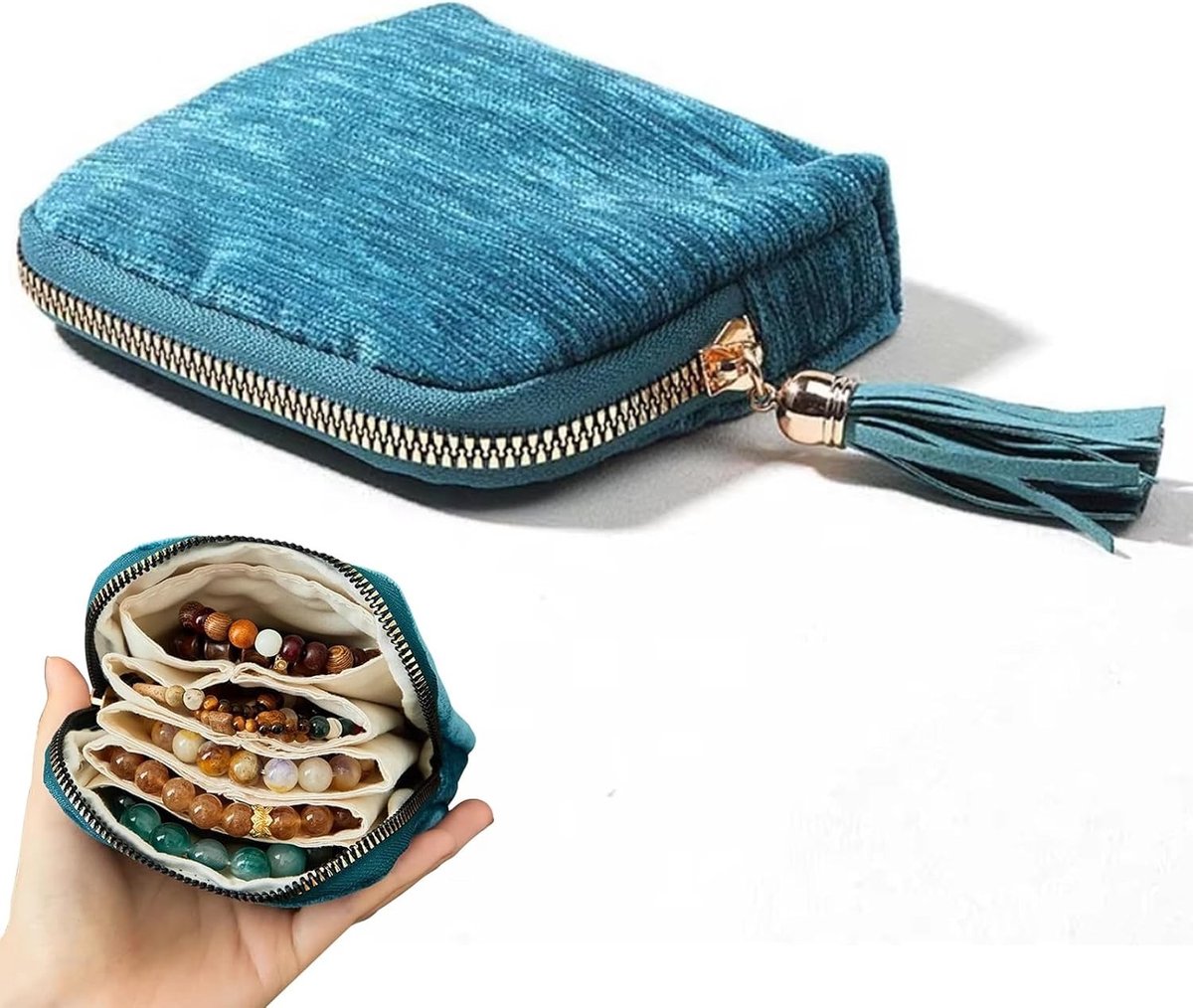 Compacte Reiskosmetiekoffer, Handige Sieraden Organizer met Rits voor Armbanden, Ringen en Oorbellen, Ideaal voor Reizen en Opbergen van Sieraden (Blauw)