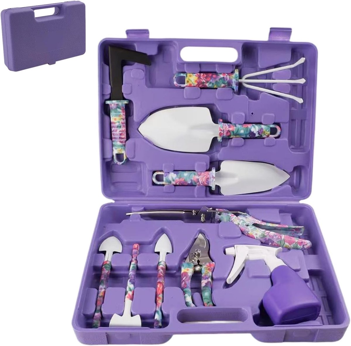 KZQ 10-delige tuingereedschapsset met bloemenprint - Ergonomische handgrepen - Inclusief spuitfles en opbergcase - Cadeau voor tuinliefhebbers