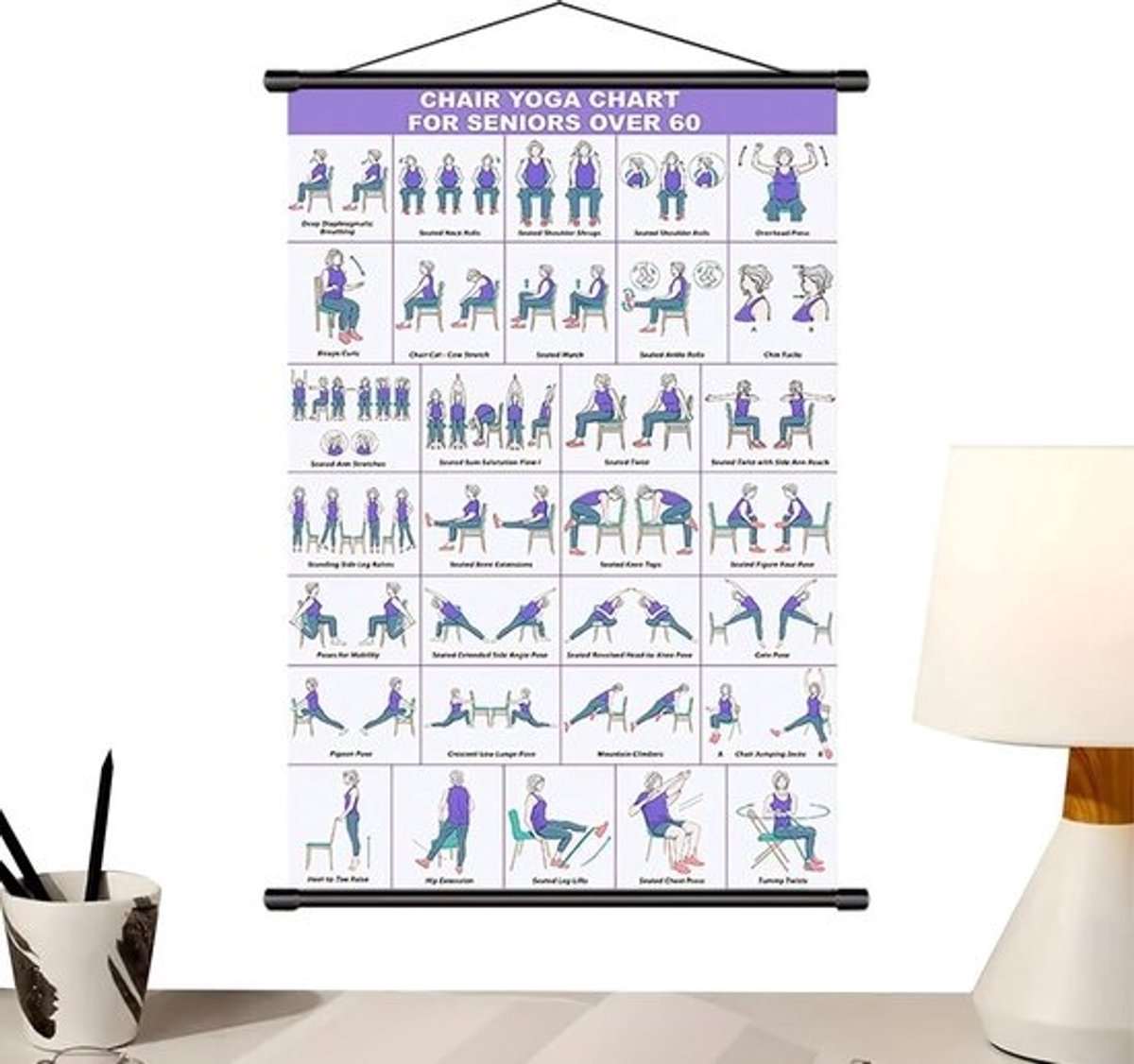 Yoga Poster - Zit oefeningen - Mobiliteit verbeteren - Inklapbaar ontwerp - 40x60 cm - Paars