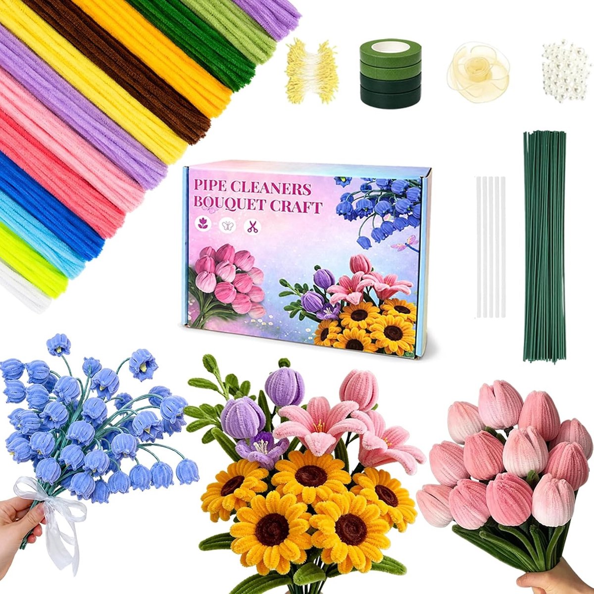 Gekleurde Chenille Pijpenragers Set van 950 Stuks voor Bloemstukken en Decoraties - Inclusief Bloemstelen, Stamens, Witte Ribbons en Instructies voor Creatieve DIY Projecten