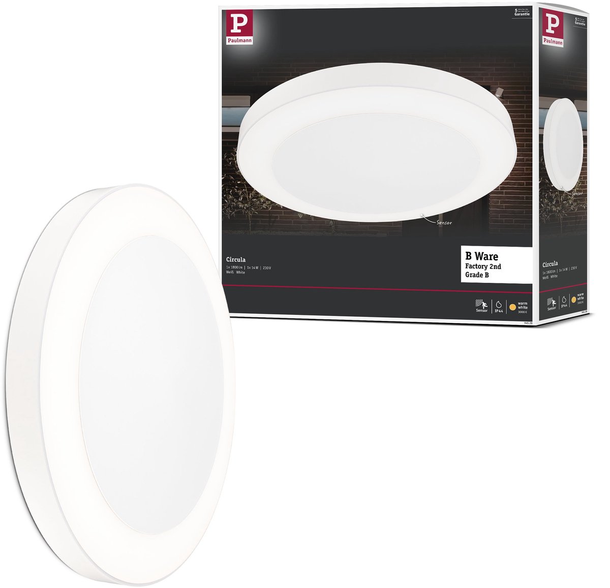 LED-plafondlamp B-waar Circula schemersensor Schemergestuurde bewegingsmelder (IR) zeewater bestendig IP44 rond 320 mm 3000K 14W 880lm 230V Wit Kunststof