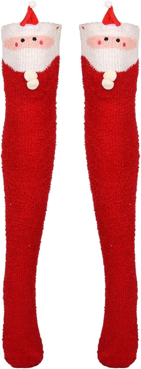 Kerstkniekousen met Cartoonprint voor Dames en Meisjes - Fuzzy Overknee Sokken voor Feestelijke Kostuums en Kerstpartijen