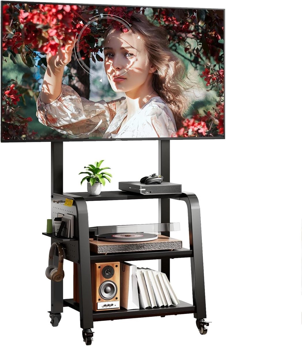 Verstelbare TV Vloerstandaard voor 32 tot 65 Inch LED/LCD/OLED TV's met 3 Laags Mediaschap, Mobiele TV Kar met Hoogte-instelling en Max VESA 600 x 400mm, Draagvermogen tot 50 kg