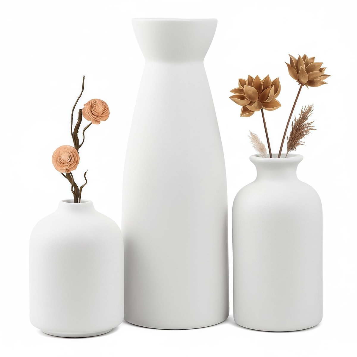 Set van 3 Witte Keramische Vazen - Minimalistisch Design voor Pampasgras