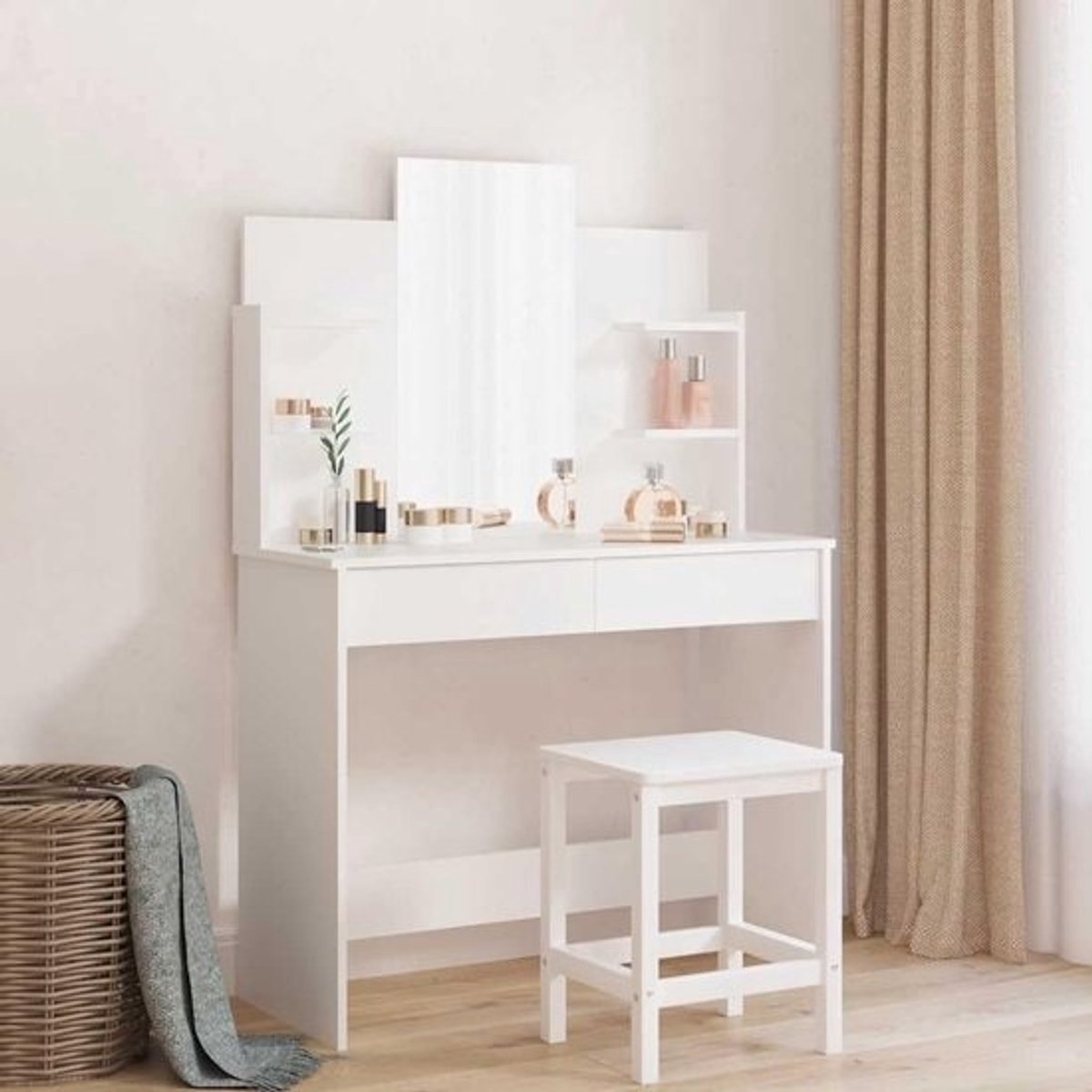 Kaptafel Met Spiegel - Make-up Tafel Tafeltje - Slaapkamer Decoratie - Veel Opbergruimte - 96x39x142 cm - Wit