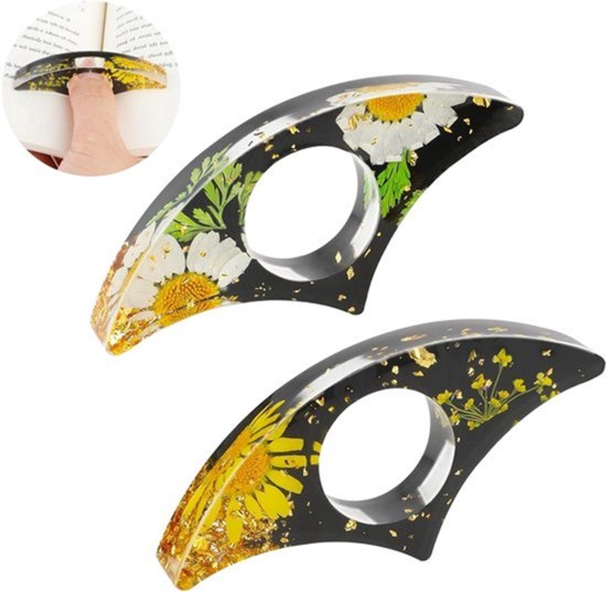 Houder van Gedroogde Bloem Hars Boek Pagina - 2 Stuks Handgemaakt - Echte Bloemen Duim Bladwijzer - Druk Bloem Duim Ring - Leesaccessoires voor Boeken - Bloemen Bladwijzer voor Leraren