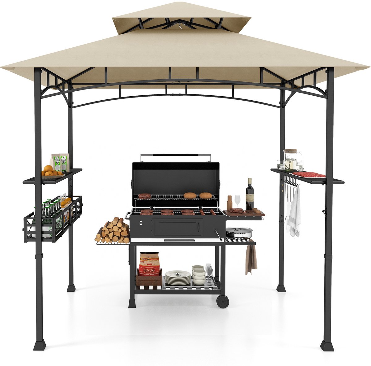 SureDeal® - Barbecue - Grillpaviljoen - Dubbel Dak - Zijkasten - Metalen Mand Grilloverkappingen - 242x153x250 cm - Beige
