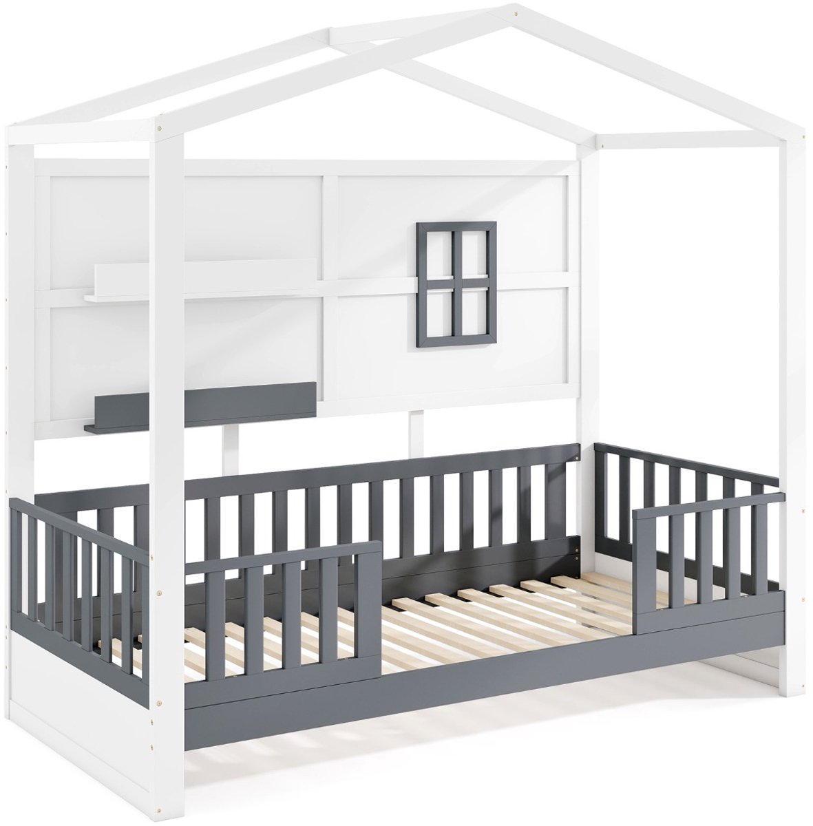 SureDeal® - Kinderbedd - Houten Huisvormig Bed - Kinderen - Raam Planken - Leuning Lattenbodem Speelbed - Jongens - 206x97x192 cm - Wit en Grijs