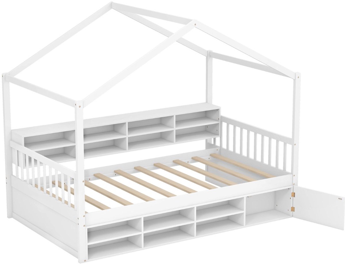 SureDeal® - Kinderbedd - Huisbed Kinderbed Huisvorm - Valbescherming - Lattenbodem - Vakken Wit - 205x117x170 cm - Wit