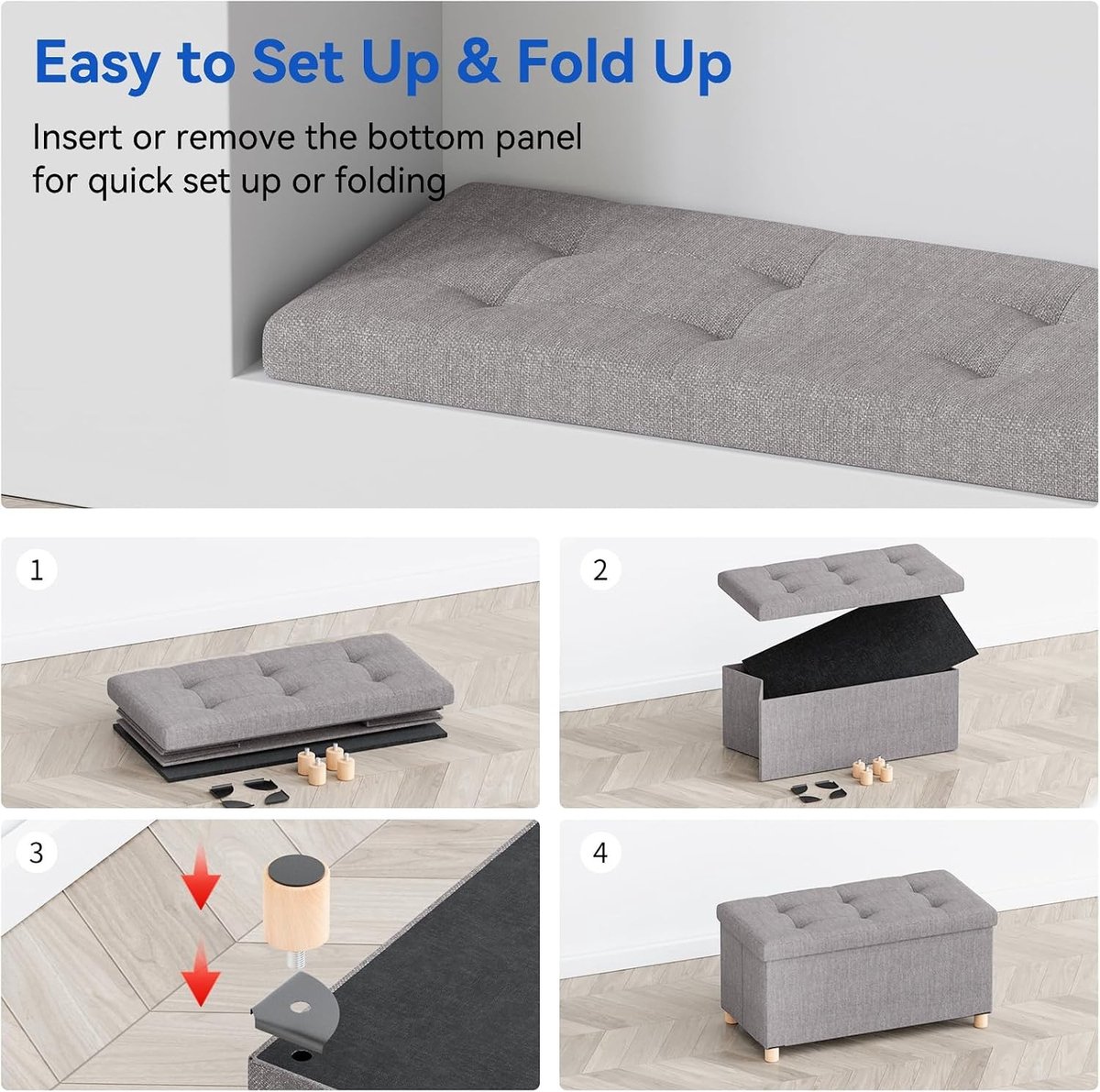 Opvouwbare Poef met Opbergruimte voor Woonkamer, Slaapkamer en Hal - Lichtgrijs, 76 x 38 x 38 cm, Multifunctionele Zitoplossing, Ruimtebesparend en Stijlvol
