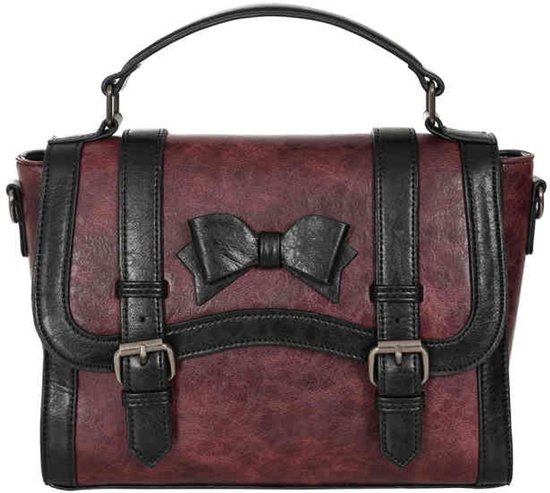 Sac à main bordeaux avec sangles noires, boucles et un détail nœud sur le devant.