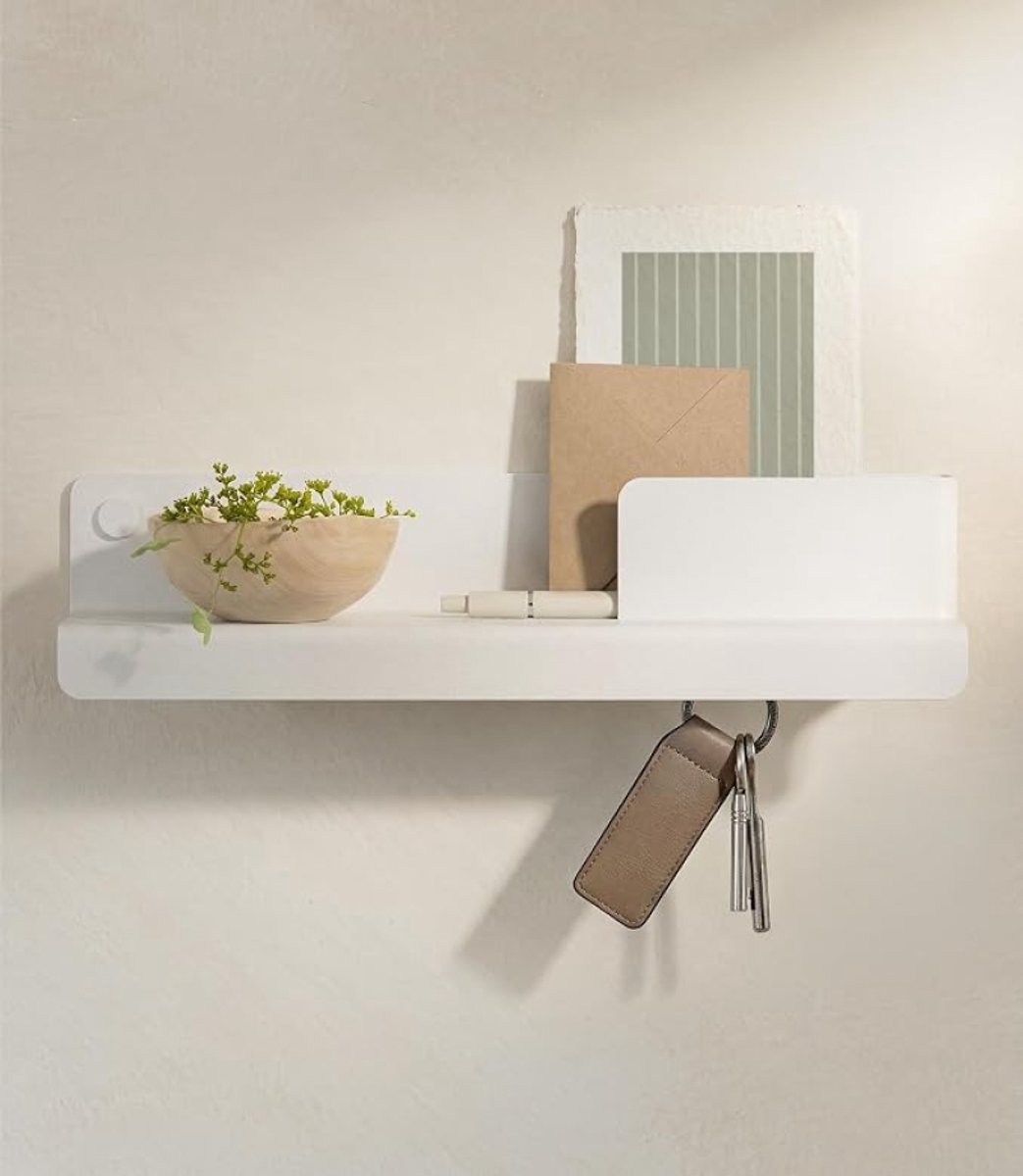 Sleutelrekje Holmsen - Minimalistisch wandmeubel met opbergvak en haak, metaal, Wit- Designed in Berlin