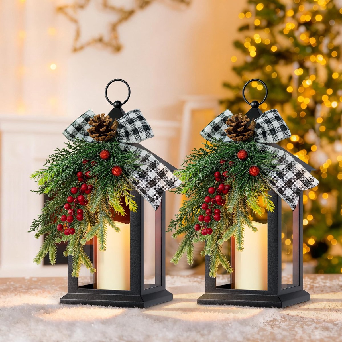 Decoratieve kerstlantaarn - LED-kaars - 2 stuks - Zwarte strik