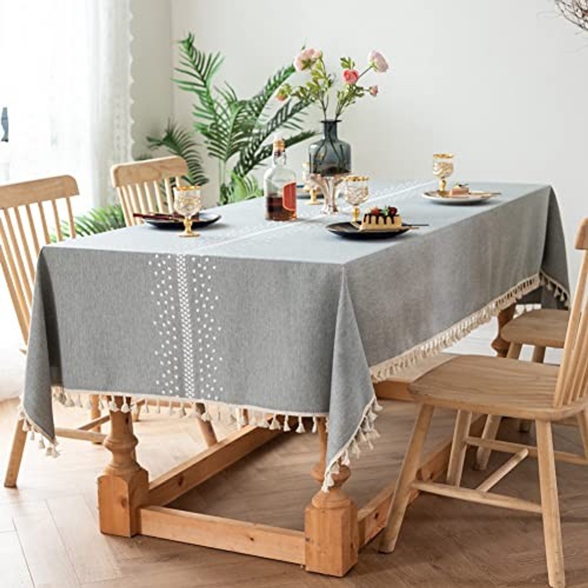 Tafelkleed Vintage Geborduurd Katoen Linnen - Grijs 140x260cm