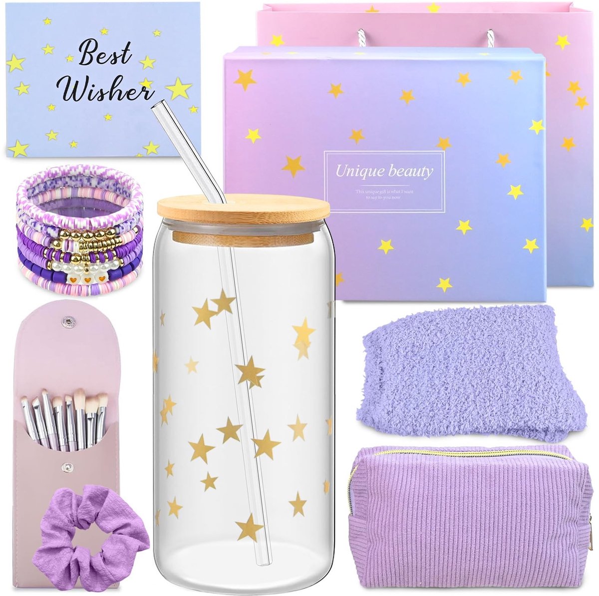 Verjaardagscadeau voor Vrouwen - Lila met Make-up Tas en Sokken