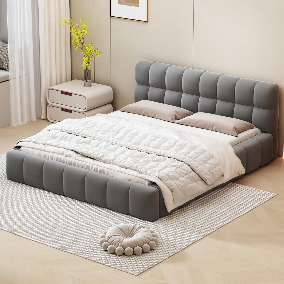 Gestoffeerd Bed 140 x 200 cm - Met Zachte Rugleuning in Grijs