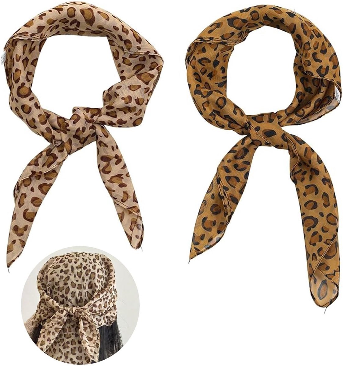 2 stuks zijden effect hoofddoek met retro luipaardprint voor dames, veelzijdige sjaal voor haar, nek en accessoires, ideaal voor buitenactiviteiten