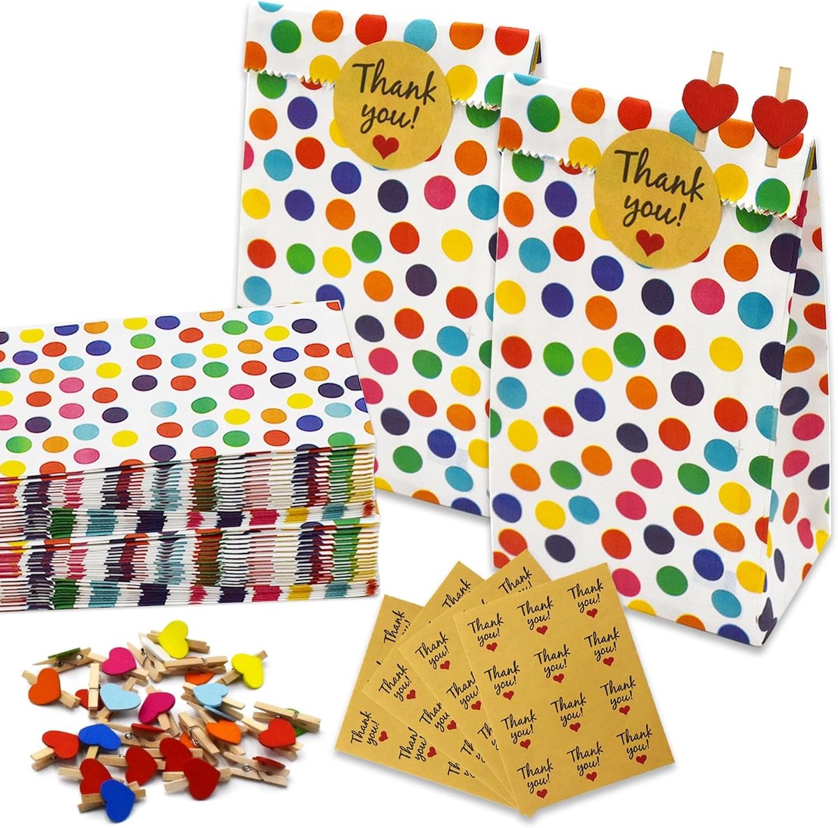Set van 25 Papieren Cadeautassen met Regenboog Stippen voor Kinderfeestjes - Inclusief 48 Stickers - 18 x 9 x 6 cm - Kleurige Snoepzakken voor Verjaardagen en Bruiloften