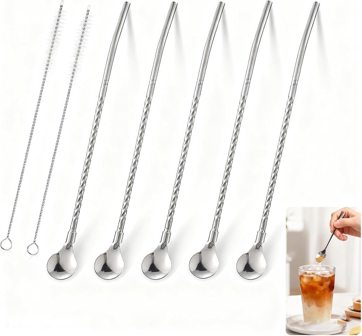 Herbruikbare roestvrijstalen rietlepels set van 6, ideaal voor smoothies, milkshakes en cocktails met reinigingsborstels inbegrepen