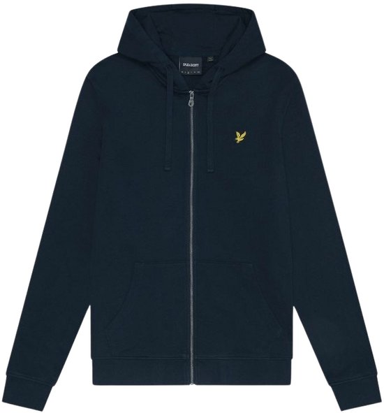 Donkerblauwe hoodie met rits, capuchon en geel adelaarslogo op de borst.
