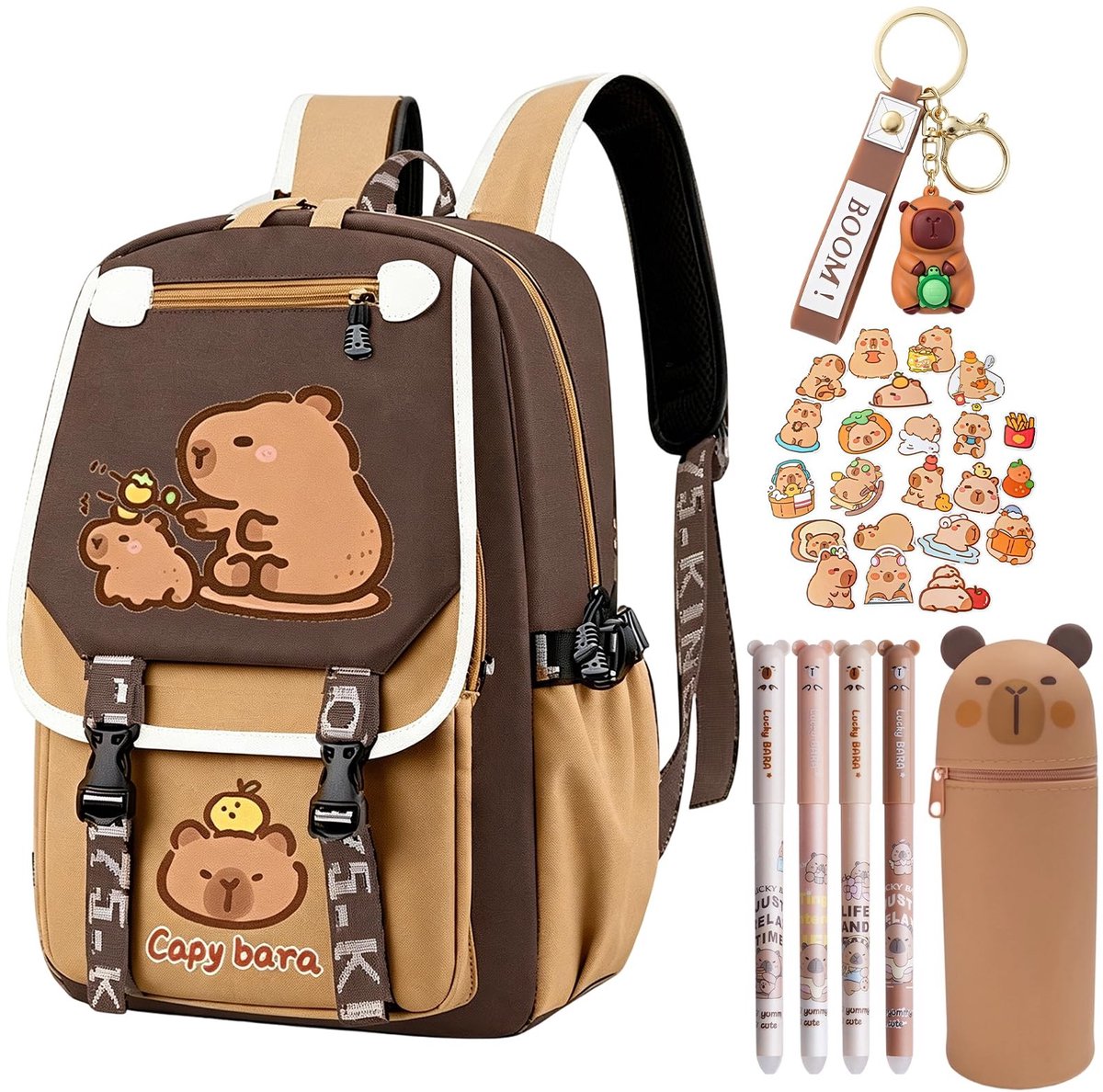Capybara Rugzak met Etui en Uitwisbare Pennen - Bruin