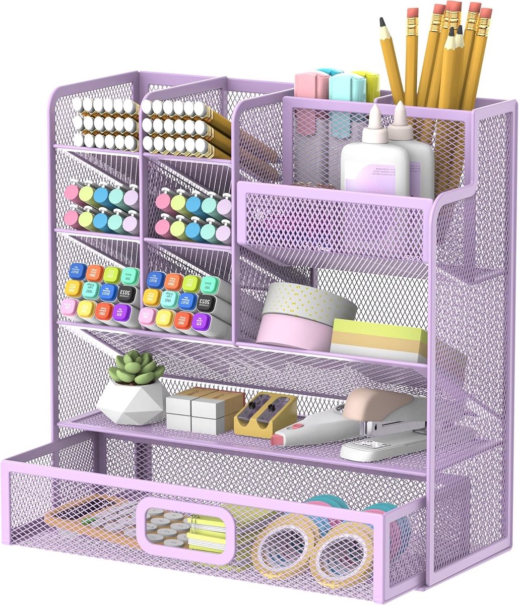 Multifunctionele Bureaublad Organizer met Lade, Metalen Pennenhouder en Accessoires voor Kantoor en Kunstbenodigdheden (Paars)