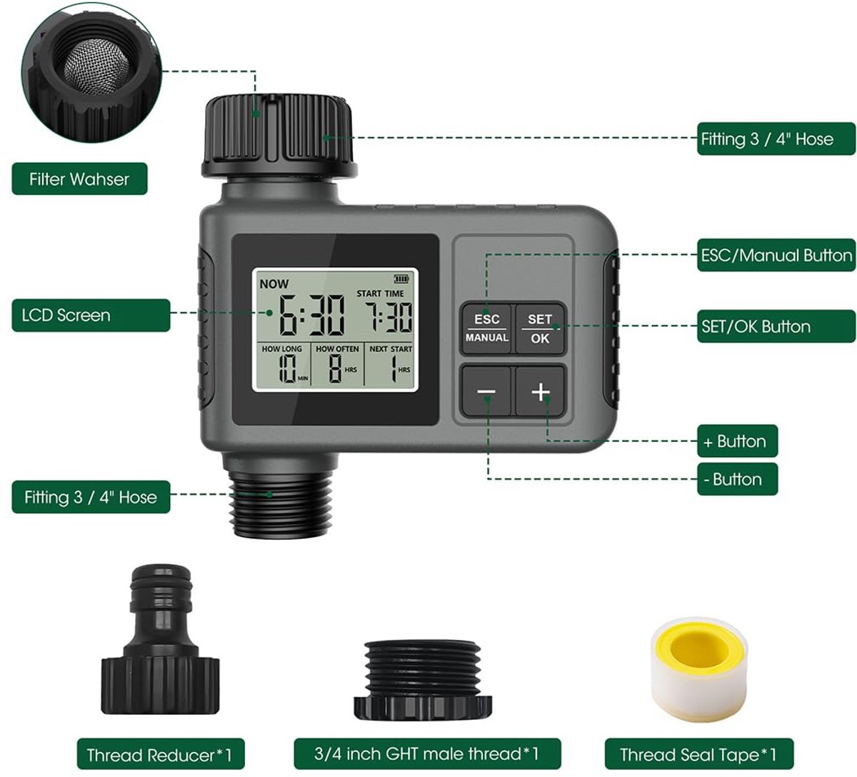 KZQ Sprinkler Timer - Tuinslangkraantimer - Programmeerbare sprinklertimer met regenvertraging/handmatige/automatische irrigatie - Druppelirrigatie- en gazonbewateringssystemen - Geschikt voor tuinen en gazons