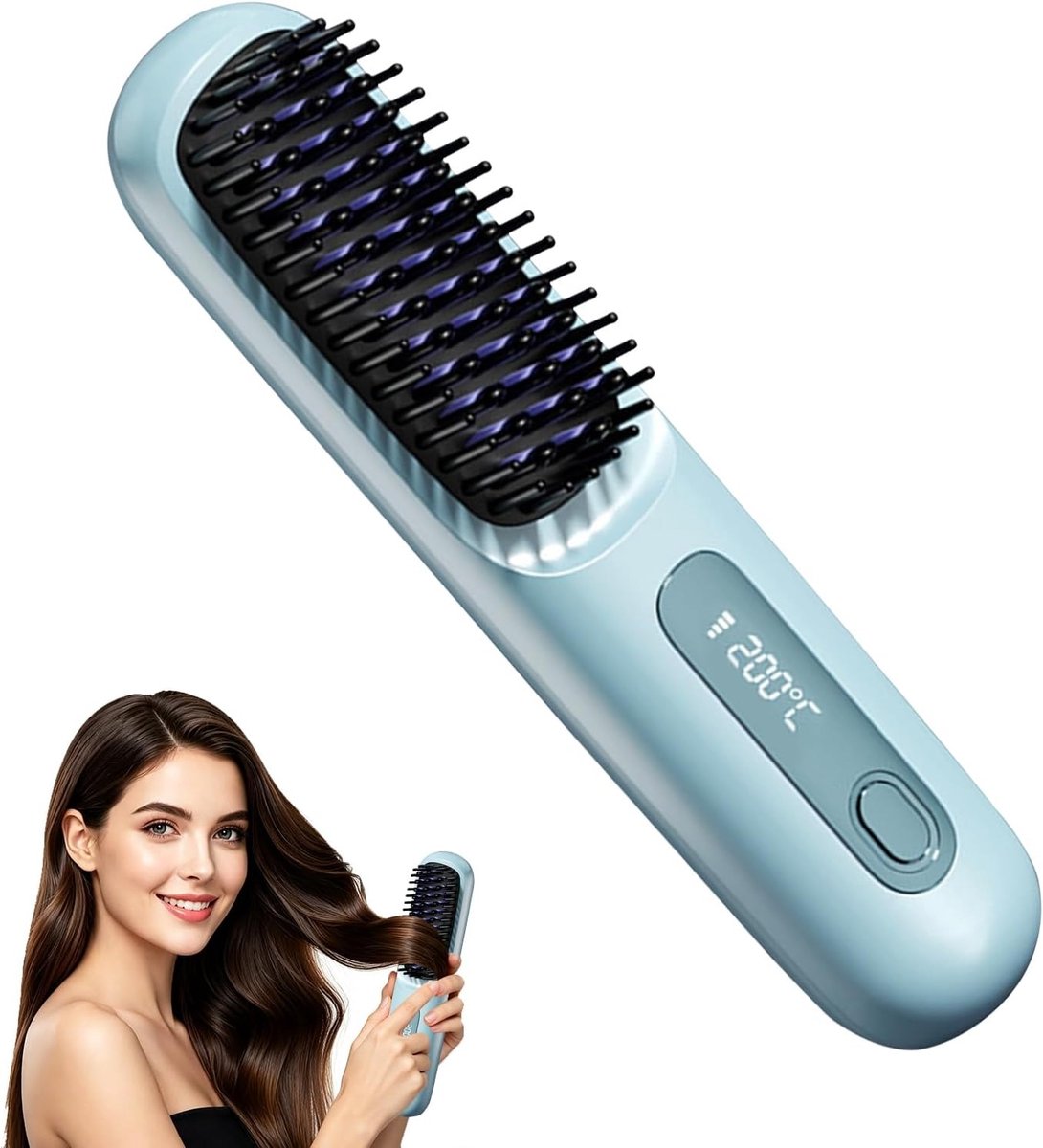 Draagbare, draadloze stijltangborstel (geschikt voor op reis) met snelle opwarming in 30 seconden en 3 temperatuurstanden (blauw), voorzien van USB-C-oplaadpoort (blauw)