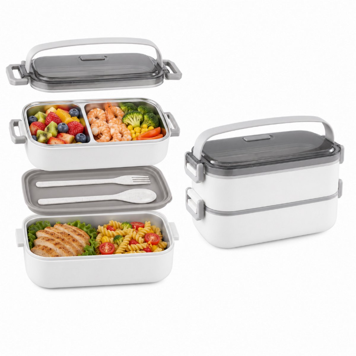Lunchbox - Lunchbox Volwassenen - Bento Box - RVS Broodtrommel - Dubbellaagse Lunchbox - Lekvrije Meal Prep Container voor School en Werk - BPA-Vrij met Bestek - wit