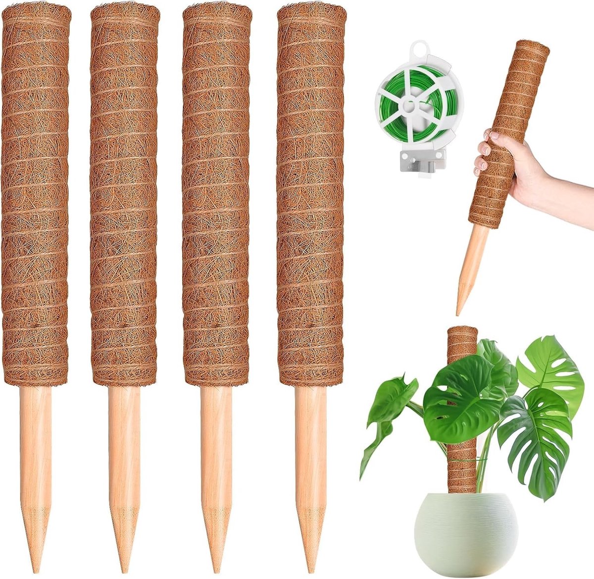 Moss Pole voor Plantenondersteuning, 4 Stuks van 41 cm, Totem Pole voor Klimplanten, Kokosstokken met 20 m Zwivelriemen voor Binnenplanten Groei