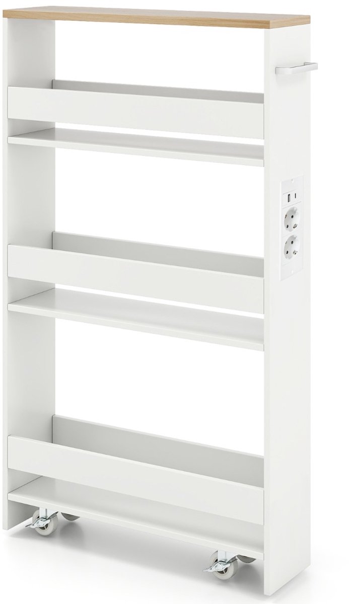 SureDeal® - Keukentrolley - Ultradunne Opbergkar - Oplaadstation 4-laags Keukenkar - Handgrepen - 47,5x13x80,5 cm - Wit