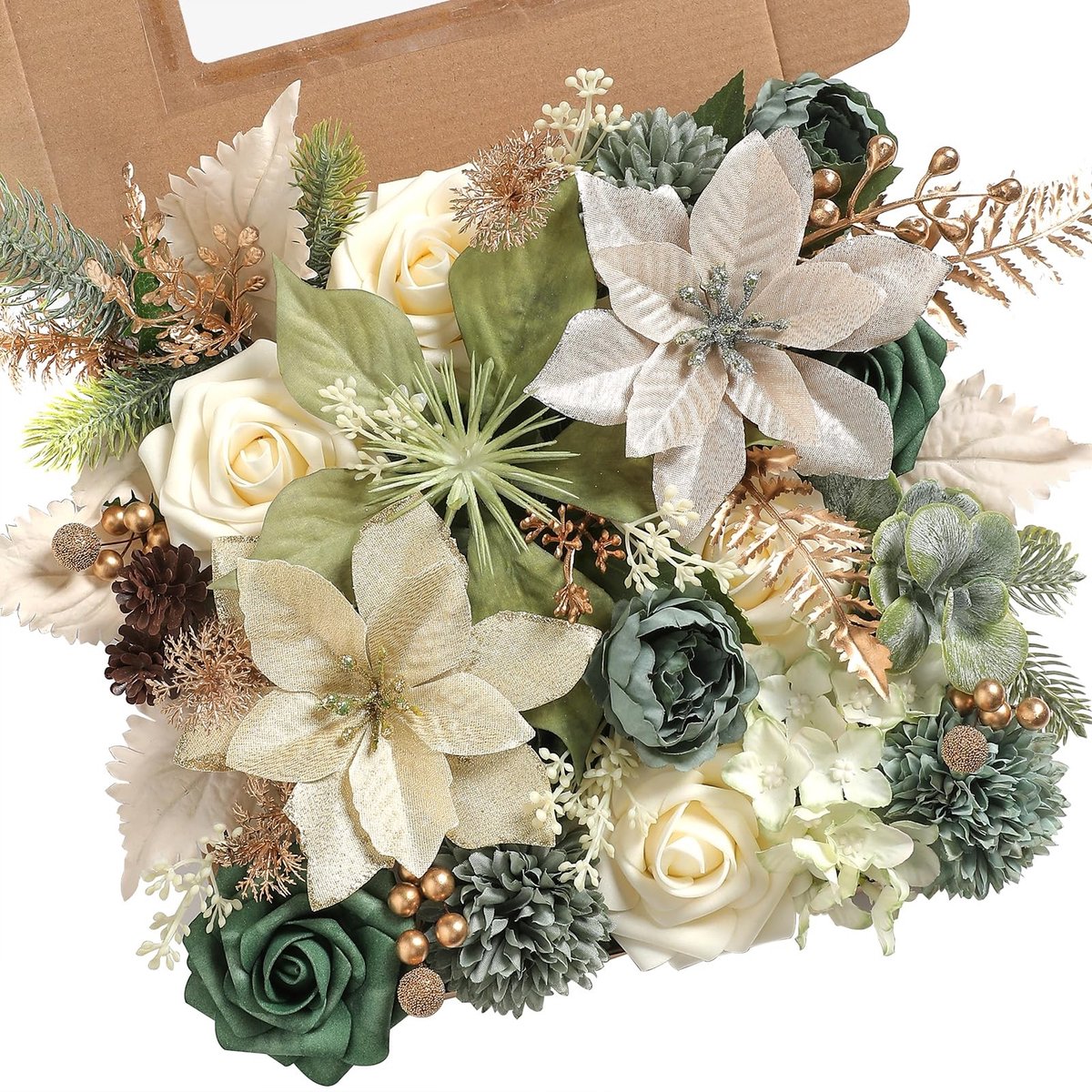 Kunstbloemen Set - Rozen in kerstgroen met gouden accenten