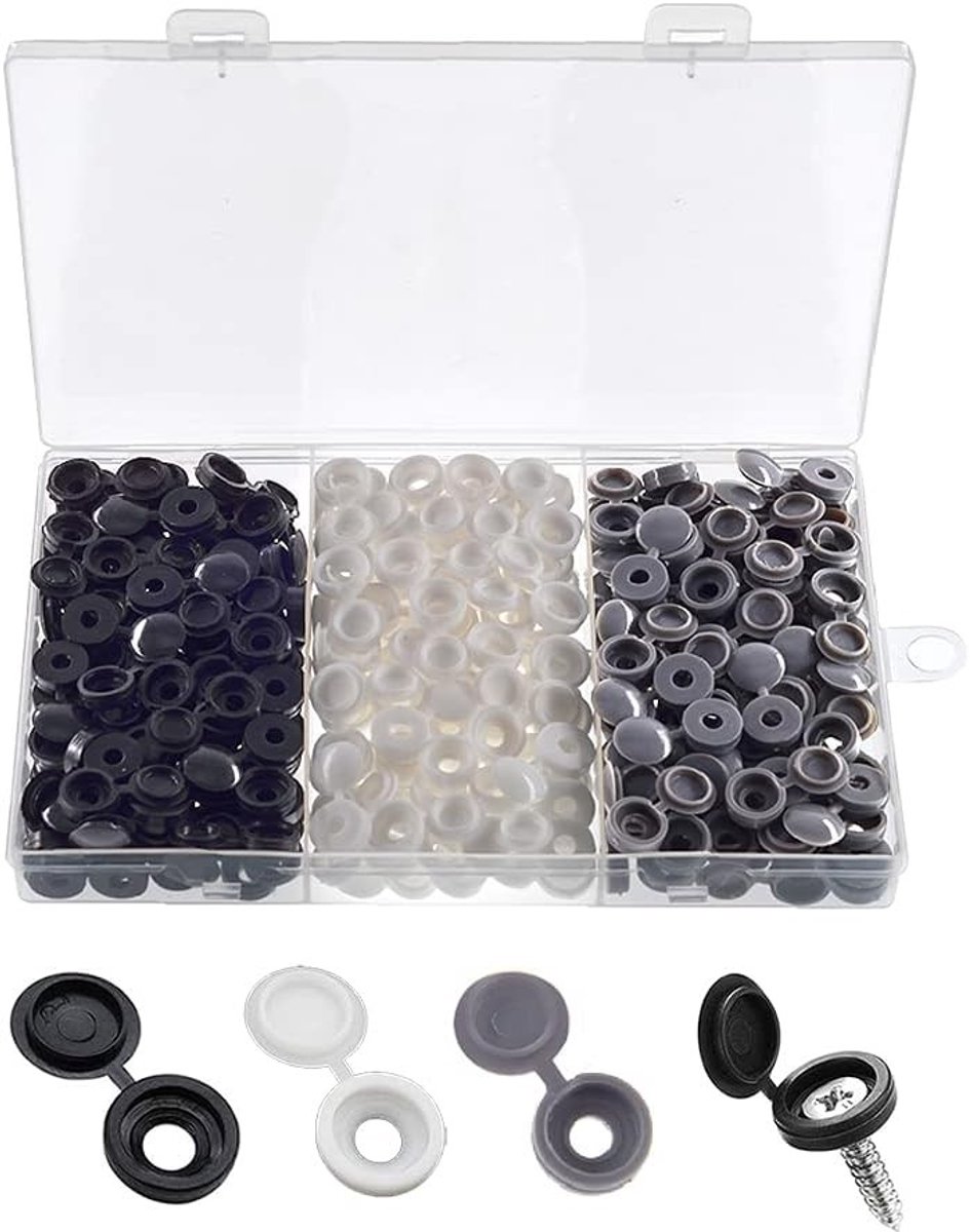 240 Stuks Plastic Scharnier Schroefdoppen, Vouwbare Schroefdeksels voor Zelftappende Schroeven, Decoratieve Bescherming voor Meubels en Kasten, Wit/Zwart/Grijs