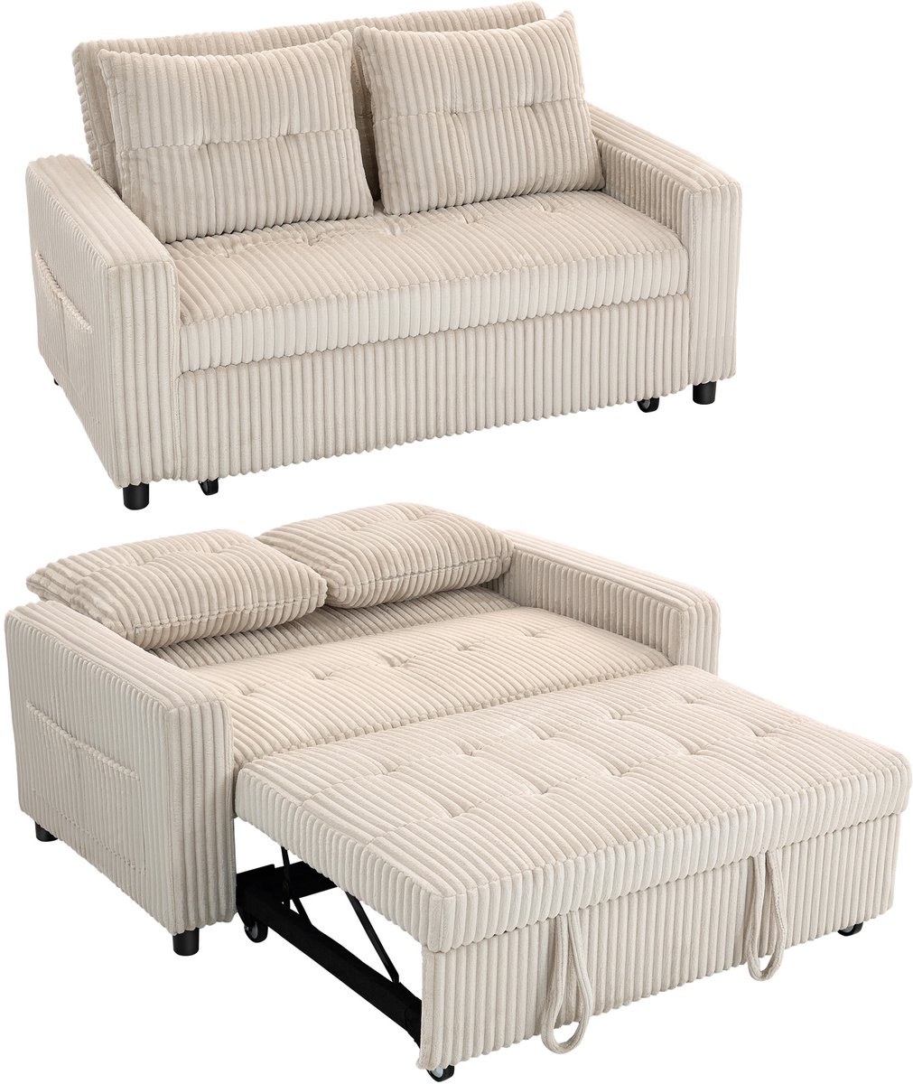 HOMCOM Slaapbank - Corduroy (100% polyester) - 157x190x49cm - Crème