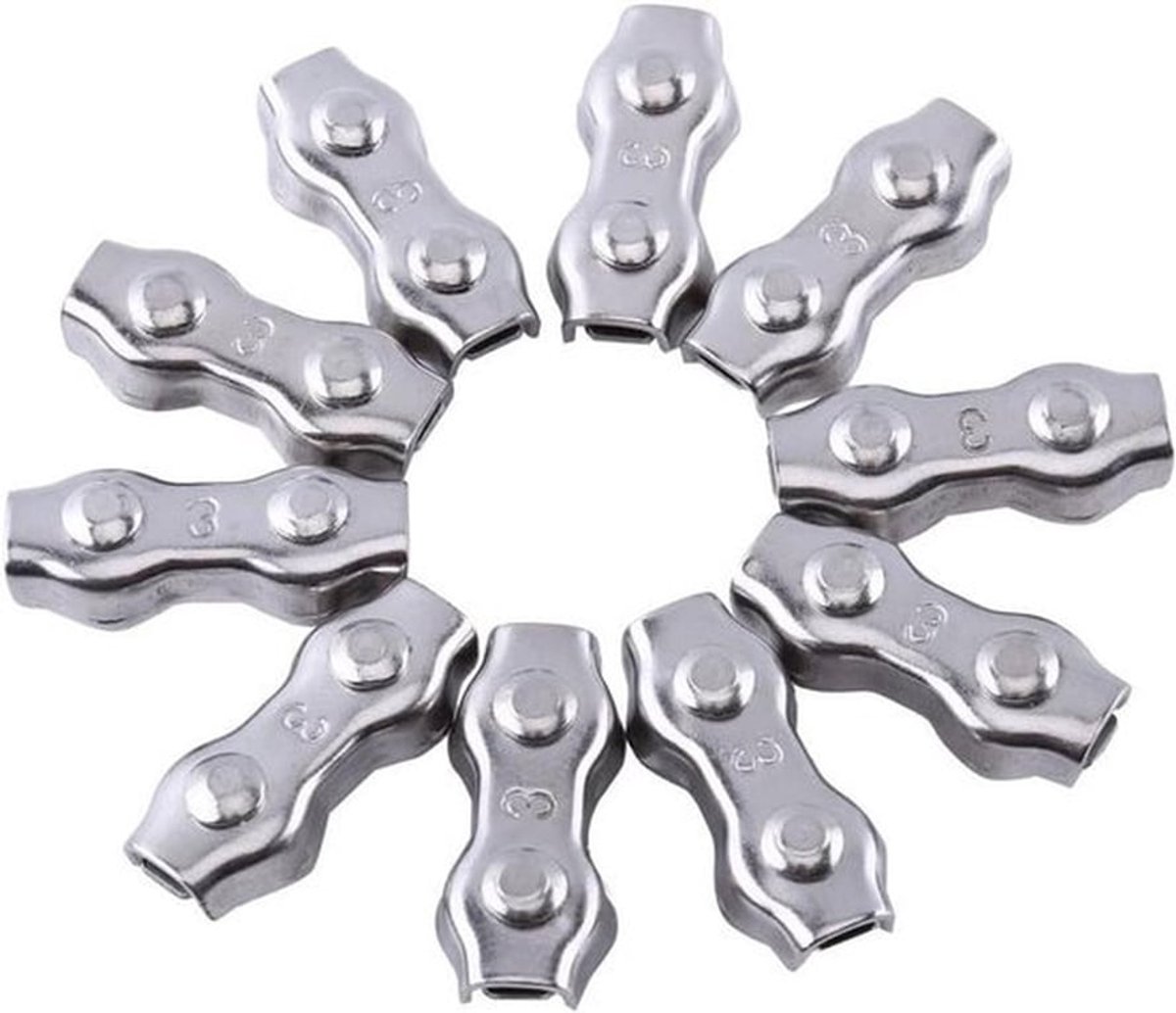 Duplex clips voor draadkabel van RVS, 2 posten, kabelklemmen - set van 10 stuks - voor binnen- en buitengebruik