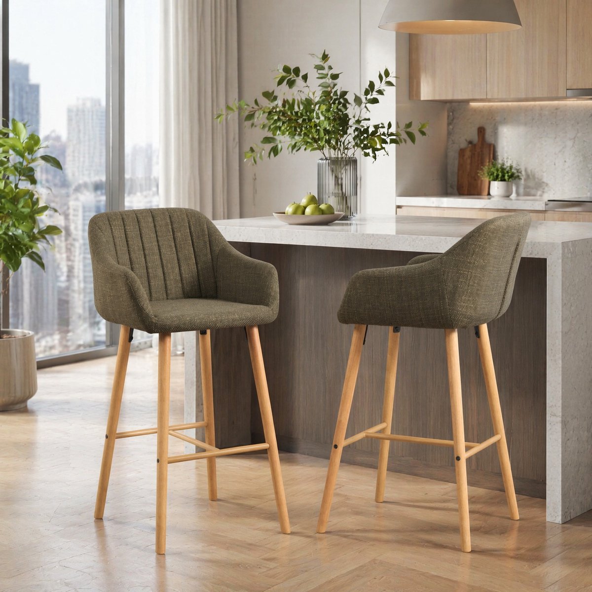 REDOM Barkruk - Hoge rugleuning en armleuningen - Met voetsteun - Noordse minimalistische stijl - Keuken, keukenisland en bar - Stof en hout - Groen - 58,5 x 55 x 104 cm