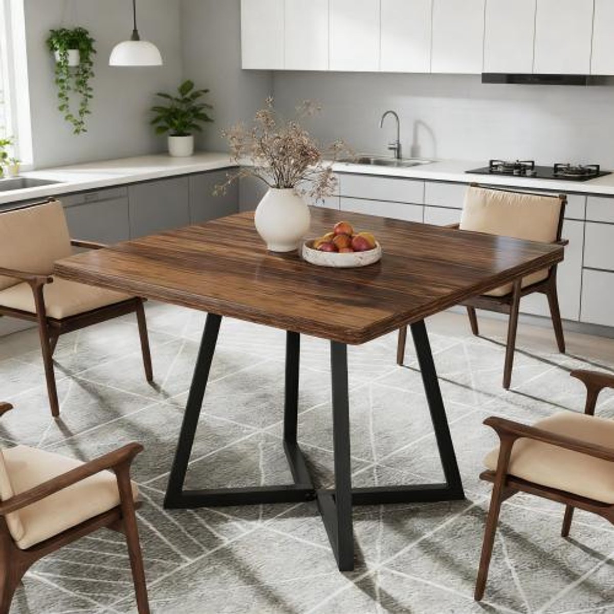 Wishdor Vierkante eettafel - Industrieel design - Mdf en metaal - Zwart en rustiek bruin - 80 x 80 cm - Voor 2 tot 4 personen - Voor keuken, woonkamer en kantoor