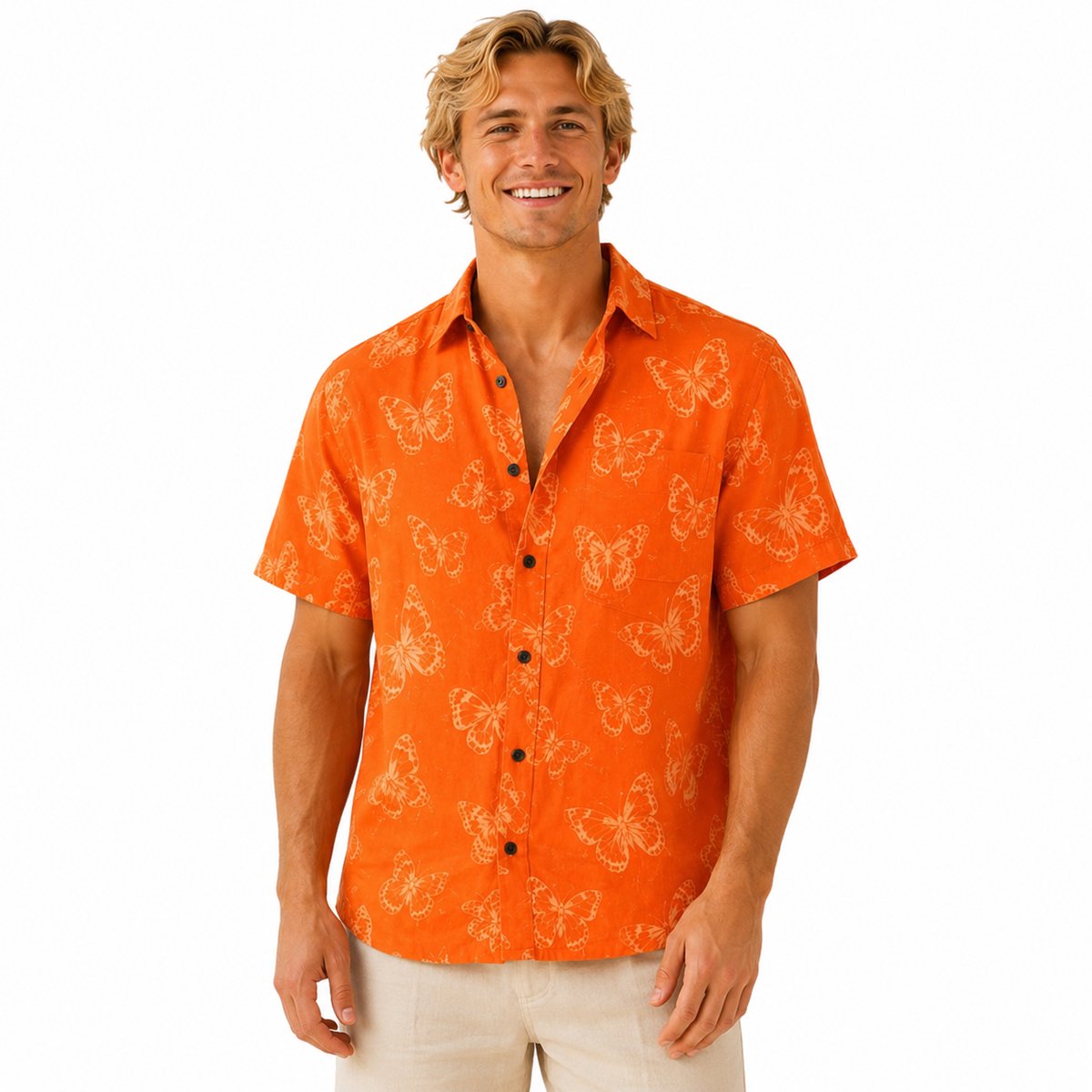Heren Blouse Oranje – Korte Mouw – Polyester – Zomerblouse