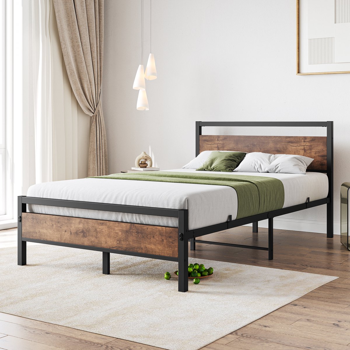 Bedframe 120x200cm – Stevig Metalen En Houten Bed Met Lattenbodem En Opbergruimte – Industrieel Voor Slaapkamer – Antiekbruin – Zonder Matras